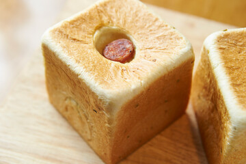 Sausage cube bread on a cutting board