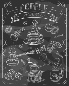 Coffee on a blackboard panel for the kitchen, cafe.