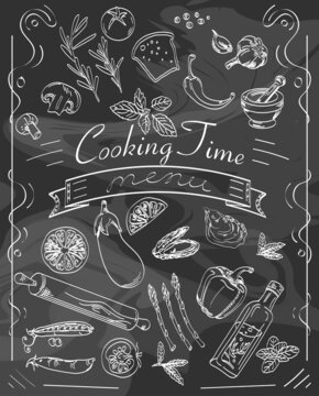 Drawing with chalk on a blackboard with vegetables and kitchen utensils, cook