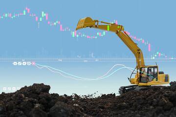 Excavator business  construction industrial concept ,With stock exchange market graph analysis background