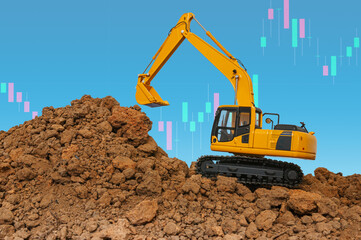 Obraz premium Excavator business construction industrial concept ,With stock exchange market graph analysis background