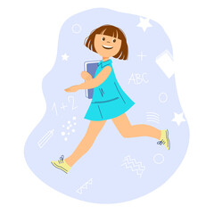 Schoolgirl runs to school. She is holding a book. The girl is happy to go to school. Hand drawn flat style. Cartoon. Colourful vector illustration.