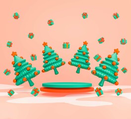 3d render floating minimal Christmas tree and gift boxes around red and green podium on salmon color background.