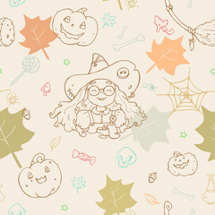Seamless Vintage Vector Pattern with Little Witch. Pastel colors. Witch Craft. For Halloween design. Card, Fabric Design. Cartoon-style illustrations.