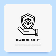 Health and safety thin line icon, hand holding shield with medical symbol. Modern vector illustration.