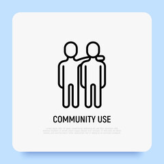 One human hugs other by shoulder. Friendship, relationship, social life. Thin line icon. Modern vector illustration.
