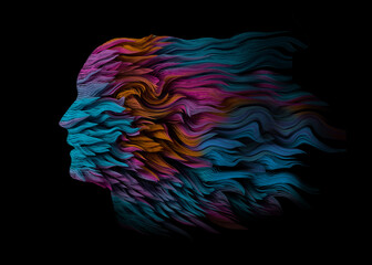 Human head made of colorful flowing fur. Art concept. 3D render / rendering