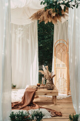 Outdoor decor for garden wooden gazebo design outside. © brizmaker