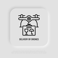 Drone delivery of parcel thin line icon. Modern vector illustration of logistic innovation.