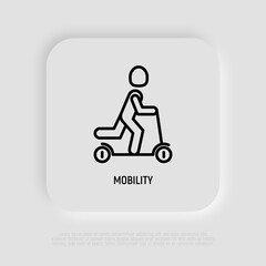 Fototapeta premium Mobility thin line icon, man on scooter. Modern vector illustration.