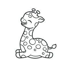 Cute happy playing giraffe cartoon clipart vector illustration. African woodland animal easy coloring book page for kids and children.
