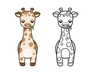 Cute giraffe eating leaves cartoon clipart vector illustration colored and outline set. African woodland animal African woodland animal easy coloring book page for kids and children.