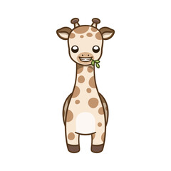 Cute giraffe eating leaves cartoon clipart vector illustration. African woodland animal element for print, design, stickers etc.