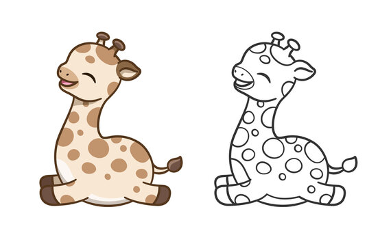 Cute happy giraffe cartoon clipart vector illustration colored and outline set. African woodland animal African woodland animal easy coloring book page for kids and children.