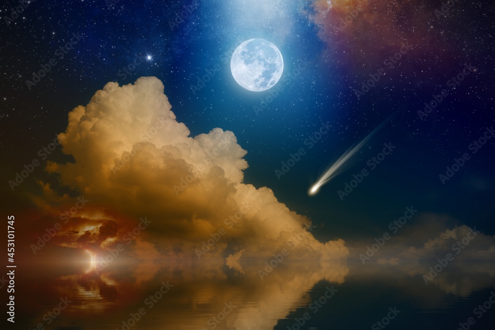 Canvas Prints amazing mysterious image – rising full moon, falling comet or shooting star and glowing clouds with 
