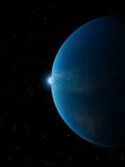 Sunrise on a blue earth-like planet, view from space. Alien planet with a star 3d illustration.