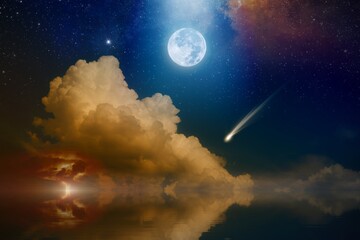 Fototapeta na wymiar Amazing mysterious image – rising full moon, falling comet or shooting star and glowing clouds with lightning above serene sea