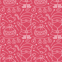 Cute Christmas pattern in doodle style. Santa Claus, garlands, gifts and other New Year's elements on a red background. Ideal for wrapping paper, holiday textiles and other printed materials. 