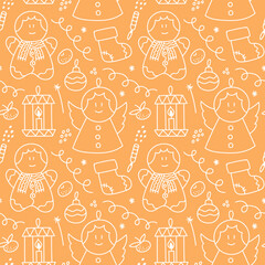 Cute Christmas pattern in doodle style. Gingerbread man, angel, candlestick and other New Year's elements on a sandy background. Ideal for wrapping paper, holiday textiles and other printed materials.