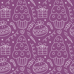 Cute Christmas pattern in doodle style. Christmas tree, gifts and other New Year's elements on a purple background. Ideal for wrapping paper, holiday textiles and other printed materials. 