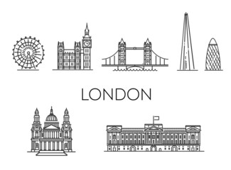 Vector illustration. London architecture line skyline illustration. Linear vector cityscape with famous landmarks - obrazy, fototapety, plakaty