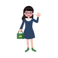 Smiling girl with glasses in a blue dress and with a green bag. School teacher.
