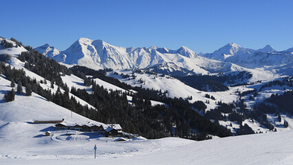 Mountain ranges of the Bernese Oberland in winter. View from Horeflue.