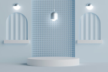 3d render empty cylinder podium on light blue background.