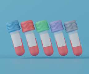 3d rendering five types of blood collection tubes on light blue background.
