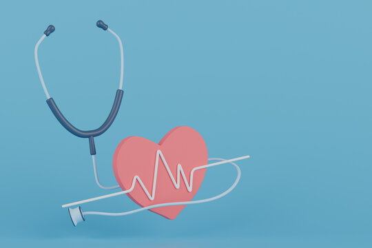 3d rendering stethoscope with heart and ekg on blue background.