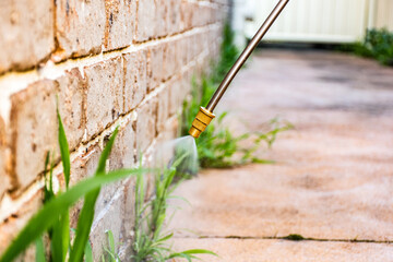 Spraying weed killer herbicide to control unwanted plants and grass on a backyard. Building exterior