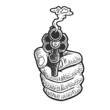 smoking revolver gun in hand sketch engraving vector illustration. T-shirt apparel print design. Scratch board imitation. Black and white hand drawn image.