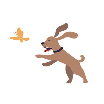 Funny dog catches a butterfly.  Cartoon puppy plays.