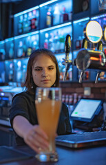 woman bartender hand at beer tap pouring a draught beer in glass serving in a bar or pub