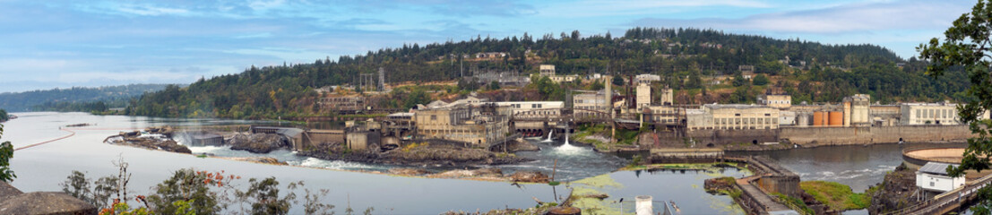 Panorama of historic Oregon City paper mill on the Willamette River. - obrazy, fototapety, plakaty