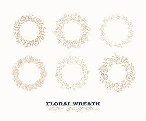 Hand drawn vector round frame. Floral wreath with leaves, berries, branches Decorative elements for design. Ink, vintage and rustic styles.