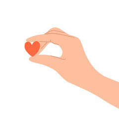 Hand holding a small heart. Vector cute doodle cartoon illustration. Love, valentine day, charity, support, donation, volunteer concept. Heart in fingers and palms