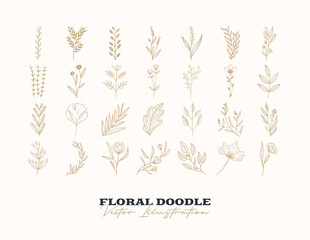 Doodle vector flowers set. Hand drawn Decorative elements for design. Ink, vintage and rustic styles.