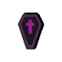 Obraz premium pixel art coffin. Halloween cute vector decorative coffin in pixel art gamer style. 8 bit retro pixel illustration of black coffin with purple cross.