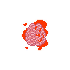 Naklejka premium Pixel art blood brain. Splatter pixel brain and pool of blood. Decorative illustration for halloween and gamer design. Pixel shattered brains.