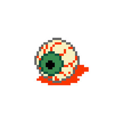 Fototapeta premium Pixel art bloody eye. Torn out eye in retro 8 bit pixel style illustration. Creepy pixel art eye with pool of blood.