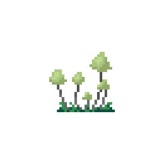 Pixel art fungus mushrooms. Poisonous pixel mushroom for decoration, game, halloween. Green psychedelic mushroom in vintage pixel style.  Cute creepy mushrooms.