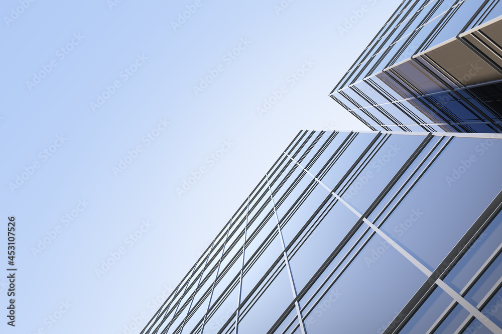 Poster low angle view of futuristic modern architecture, skyscraper of corporate office building, 3d render