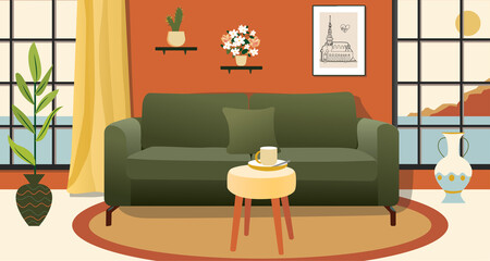 Living room in apartment. Interior 3D illustration. Room with furniture: sofa, houseplant, window, curtains, coffee cup and pictures on wall. Home interior bohemian design. Green, earthy colors