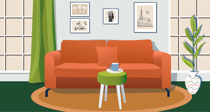 Living room in apartment. Interior 3D illustration. Room with furniture: sofa, houseplant, window, curtains, coffee cup and pictures on wall. Home interior bohemian design. Green, earthy colors
