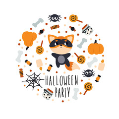A postcard with a fox in a circle with objects. Halloween card
