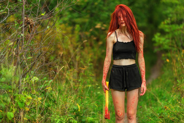 Red-haired girl with bloody axe - obrazy, fototapety, plakaty