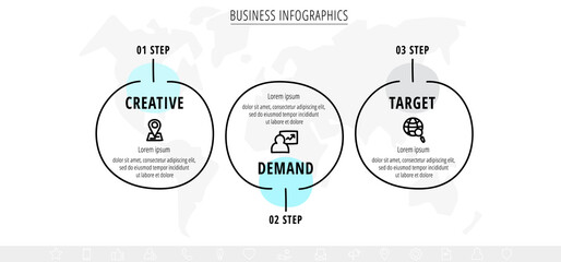 Vector hand-drawn flow chart infographics with icons. Circles business concept with 3 steps by step