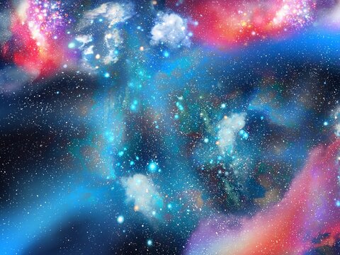Starry nebula in blue and pink tones. Beauty of the universe. Gas in space, the birth of stars in the galaxy, colorful stardust. © Nazarii