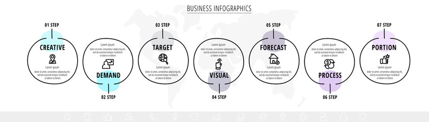 Vector hand-drawn flow chart infographics with icons. Circles business concept with seven steps by step